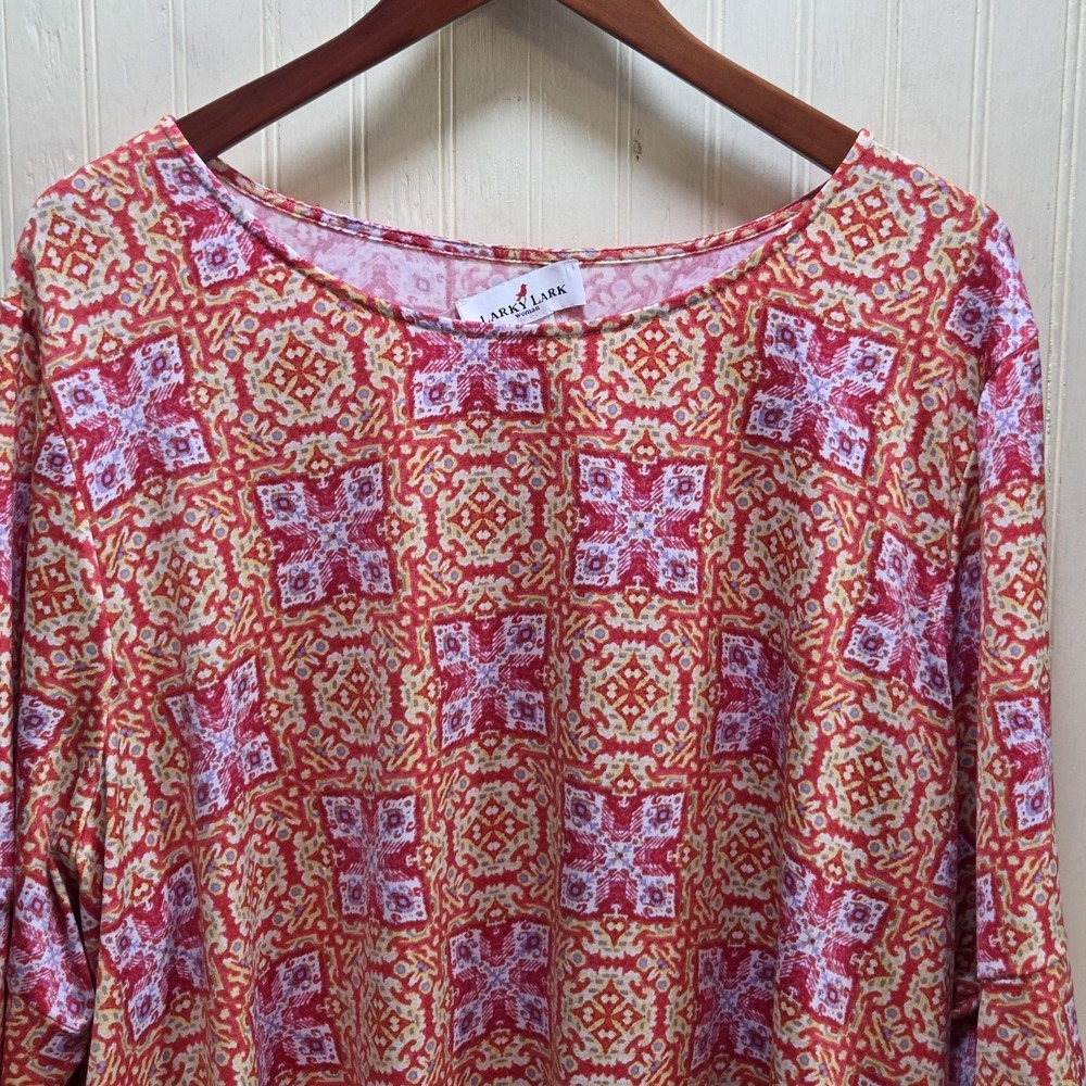 LARKY LARK Shirt Womens Plus‎ 3X Red Boat Neck 3/4 Sleeve Geometric Tunic Top